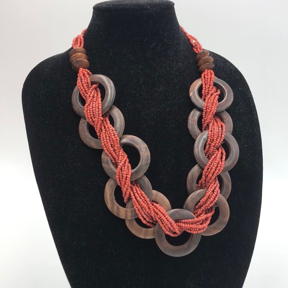 NWT Brown Beads Necklace by Wooden. Made in Bali Indonesia w/ button/loop clasp